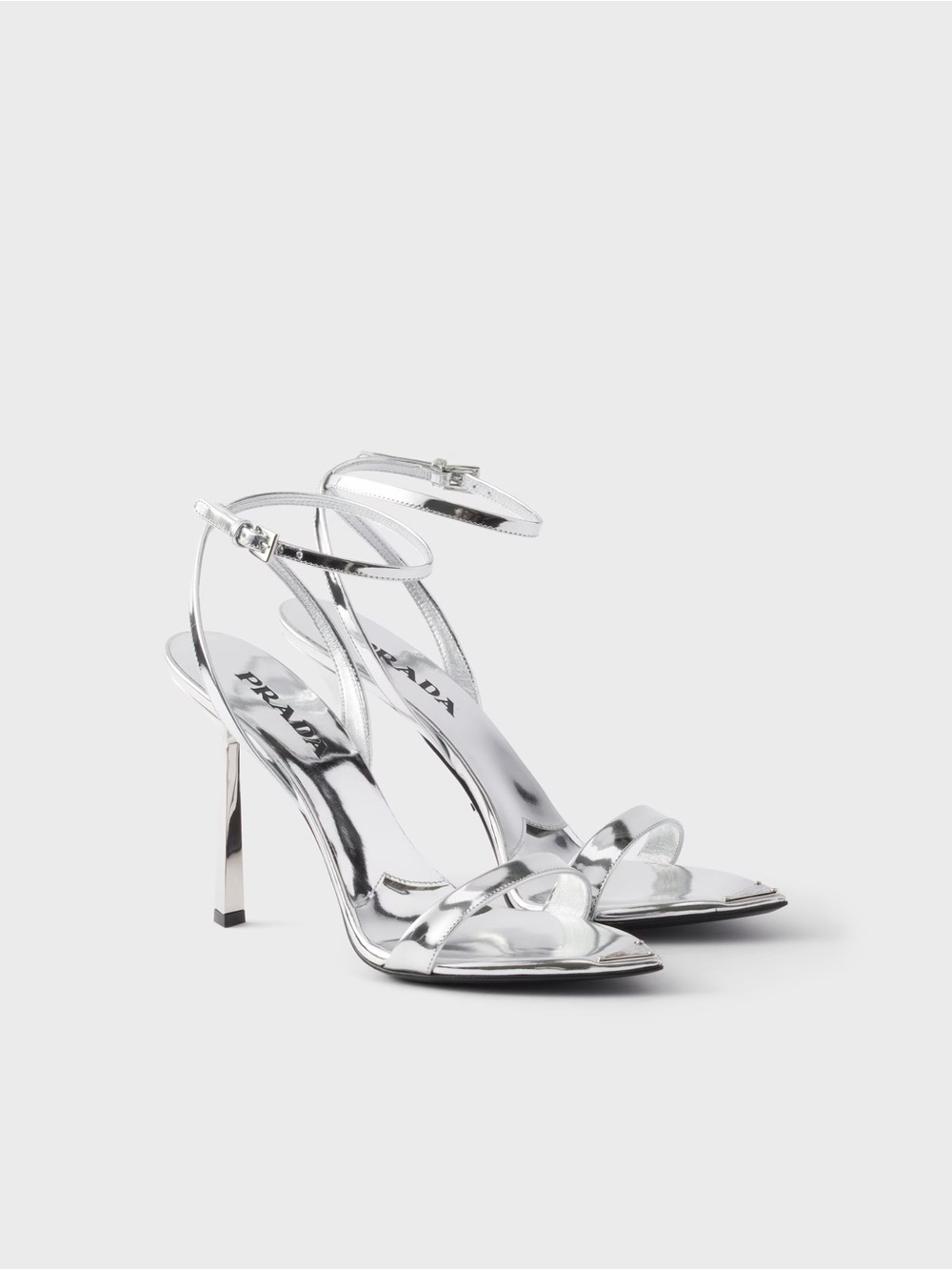 Prada Silver Mirror Leather Ankle-Strap Stiletto Sandals